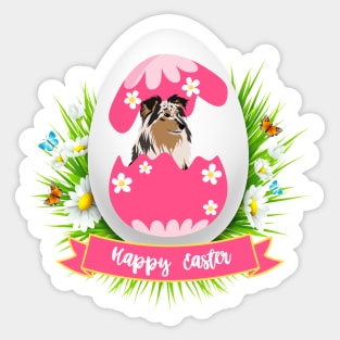 Shetland Sheepdog (Sheltie) In Colorful Easter Egg With Happy Easter Sign Sticker